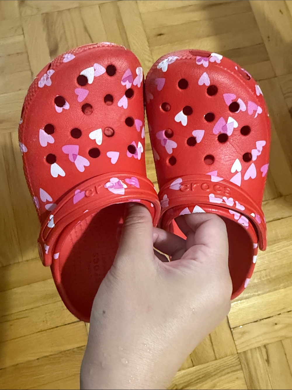 CROCS Kids Red Clogs with Pink & White Hearts used size C13